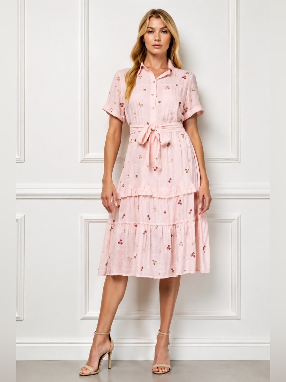 Figueroa & Flower Pink Embroidered Tiered Midi Dress S Floral Button Front NWT